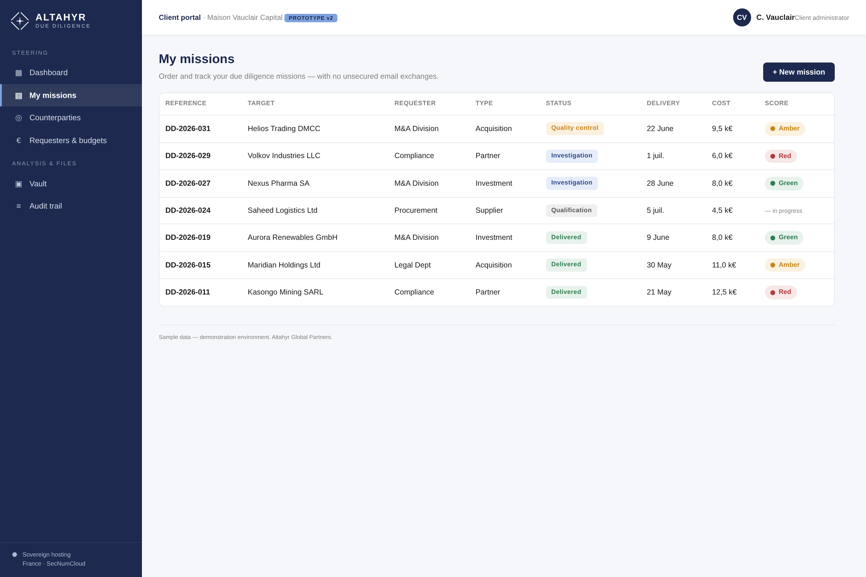 Diligence — mission list with status and progress