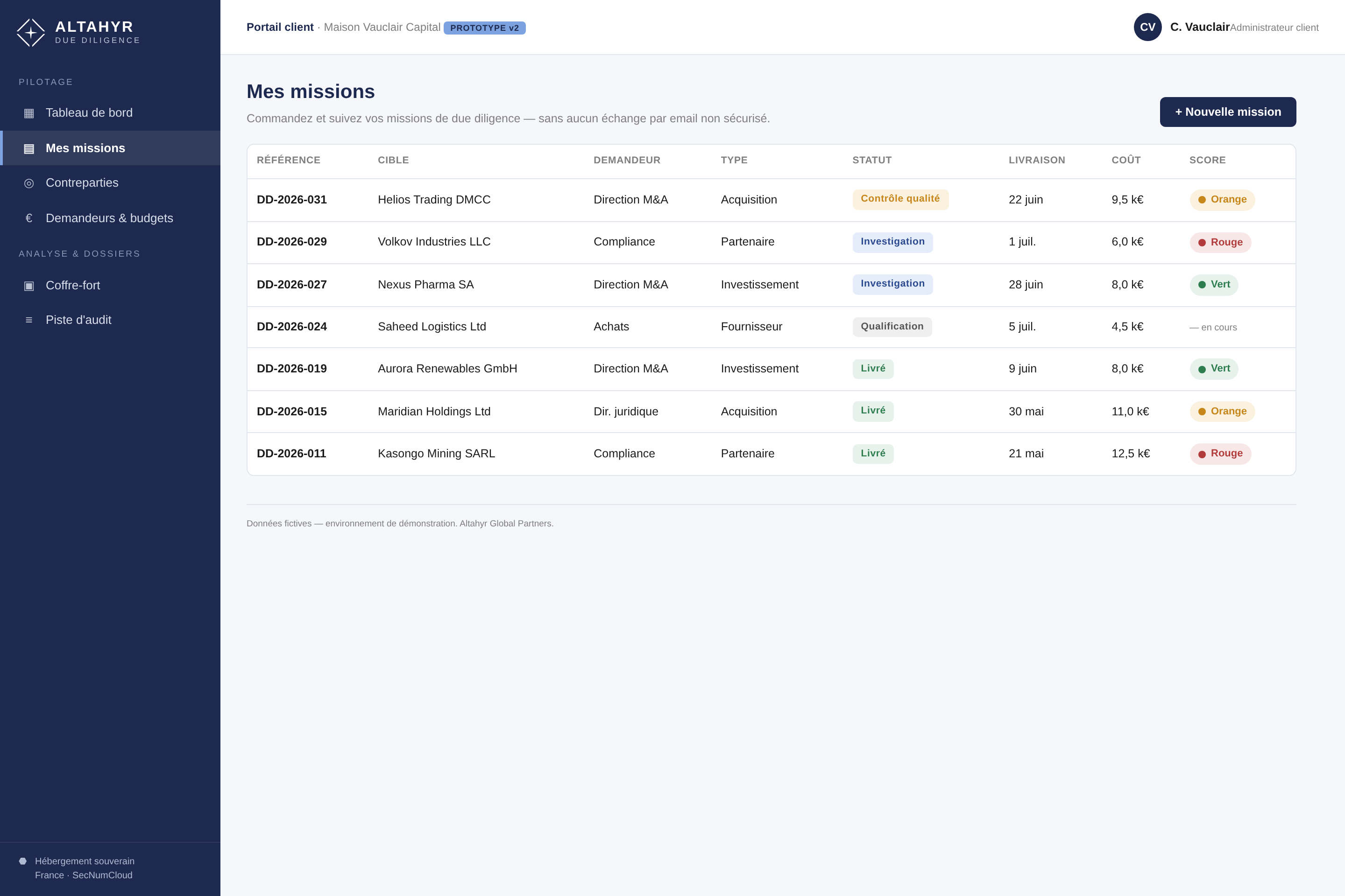 Diligence : liste des missions avec statut et avancement